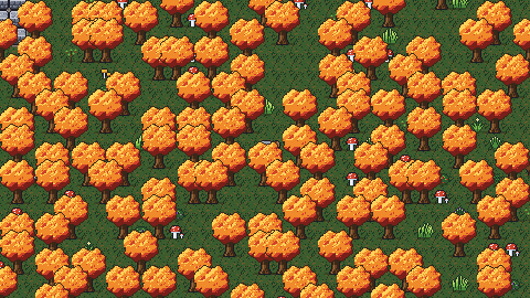 A dense autumn wood of orange oaks, red-capped mushrooms in the grass between them.