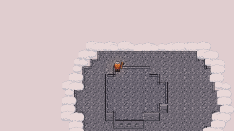 A summit of grey stone terraces rises from a pink sea of clouds at dawn, the dwarf on its edge.