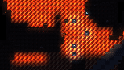 Deep underground: the dwarf beside a wide lake of glowing orange lava, ore-flecked rock around it in the dark.