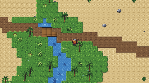 An oasis: a blue river winds through desert sand between green, palm-lined banks, a dirt road crossing it on a wooden bridge.