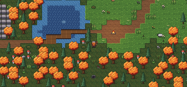 A dwarf by a lake in an autumn wood of orange oaks and dark pines; a wooden bridge, a dirt path and a campfire beyond.