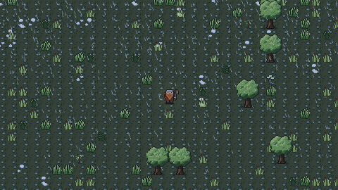A dark marsh of reeds and puddles under a thunderstorm's rain.