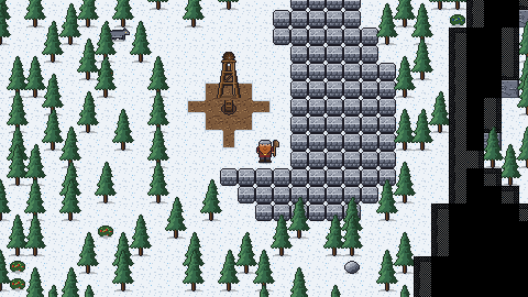 A wooden headframe in a snowy pine wood beside a stone outcrop.