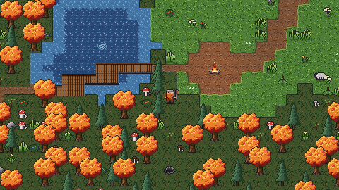 An autumn mixed wood of orange oaks and dark pines beside a lake, a wooden bridge beyond.