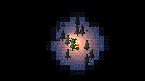 Night in a snowy pine wood: a campfire's warm circle lights the trees around the dwarf; beyond it, darkness.