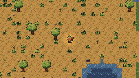 Golden savanna at dusk: tufts of grass, a few broad trees and a small pond.