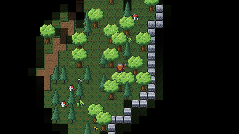 By day in a wood, the dwarf sees a ragged circle; trees and distance hide the rest in black.