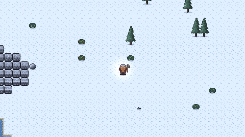 White tundra in winter, a few lone pines and stones in the snow.