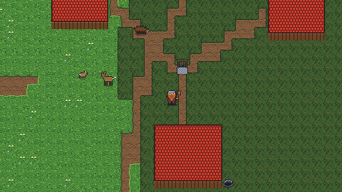 A village from above: red-roofed houses around a stone well, joined by dirt paths, deer grazing at the edge of a wood.